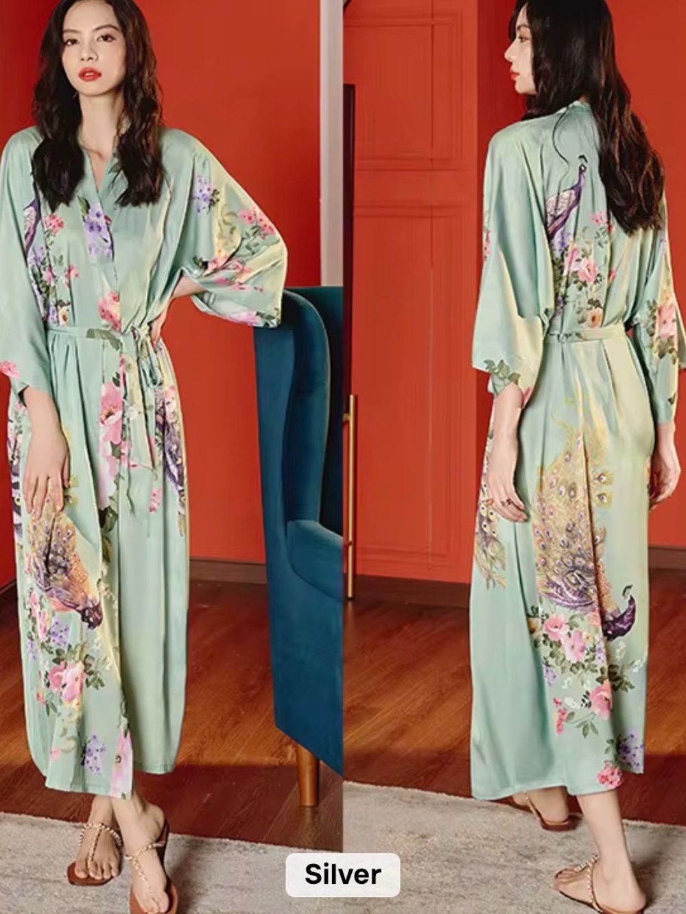 Silver Floral Peacock silky Long Kimono Robe - Women